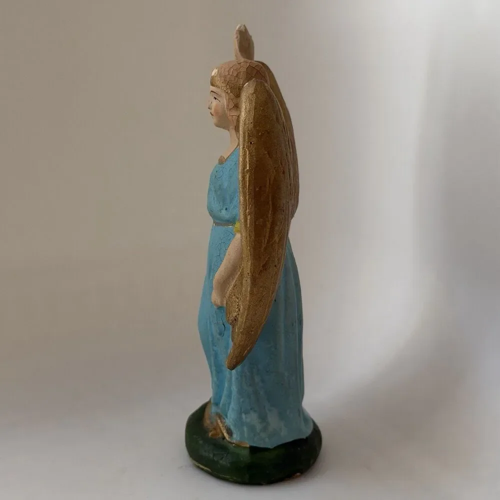 Vintage German Nativity Angel Figurine 6” Blue Robe Gold Wings Hand Painted